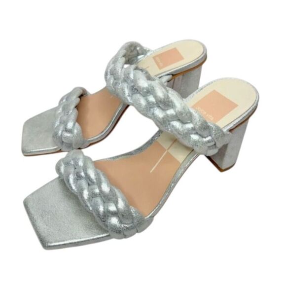 Dolce Vita Sandals‎ Womens Size 6 Silver Slip On Braided Square Toe Heels - Picture 1 of 10